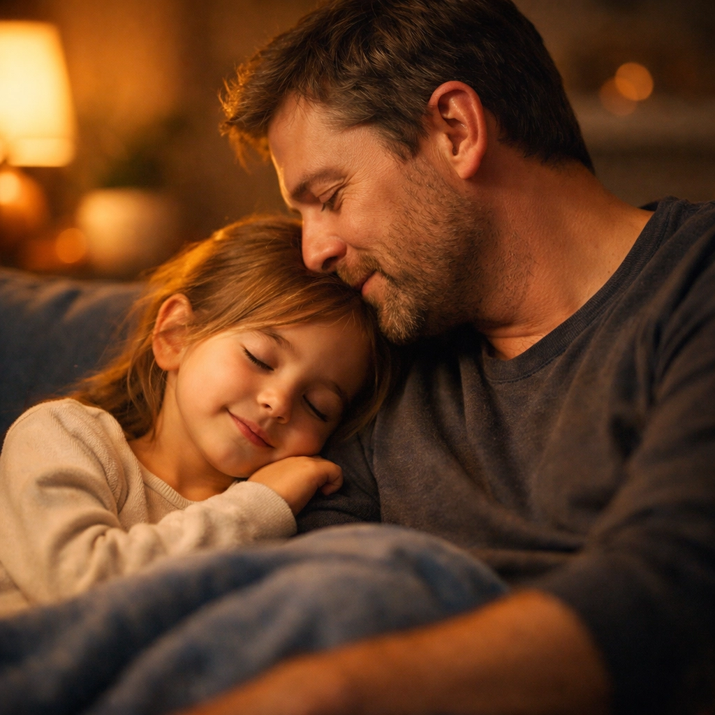 A father comforting his daughter, showing compassionate behavior management and emotional connection in autism parenting.