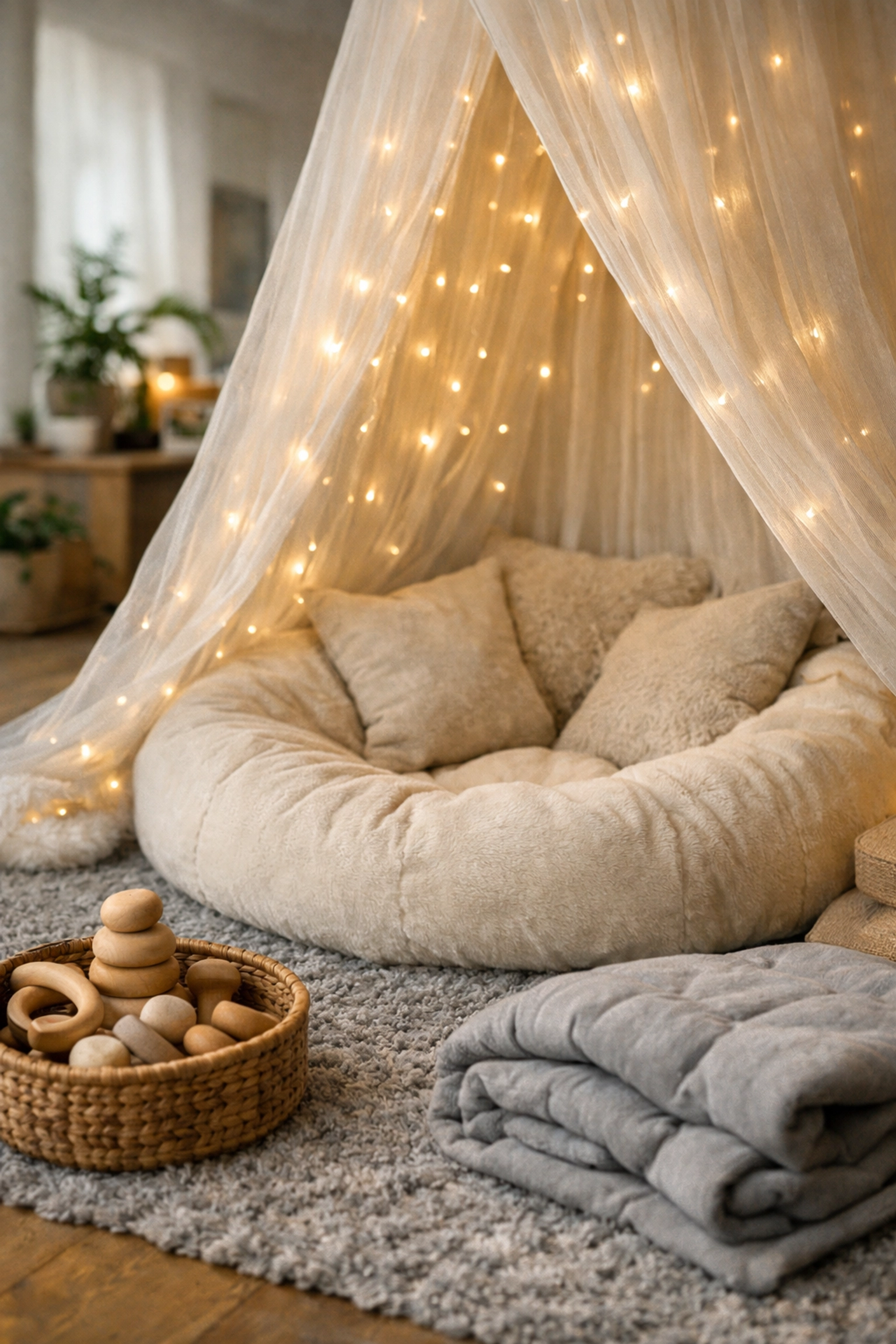 A peaceful sensory nook with a beanbag and weighted blanket, illustrating simple home strategies for autism success.