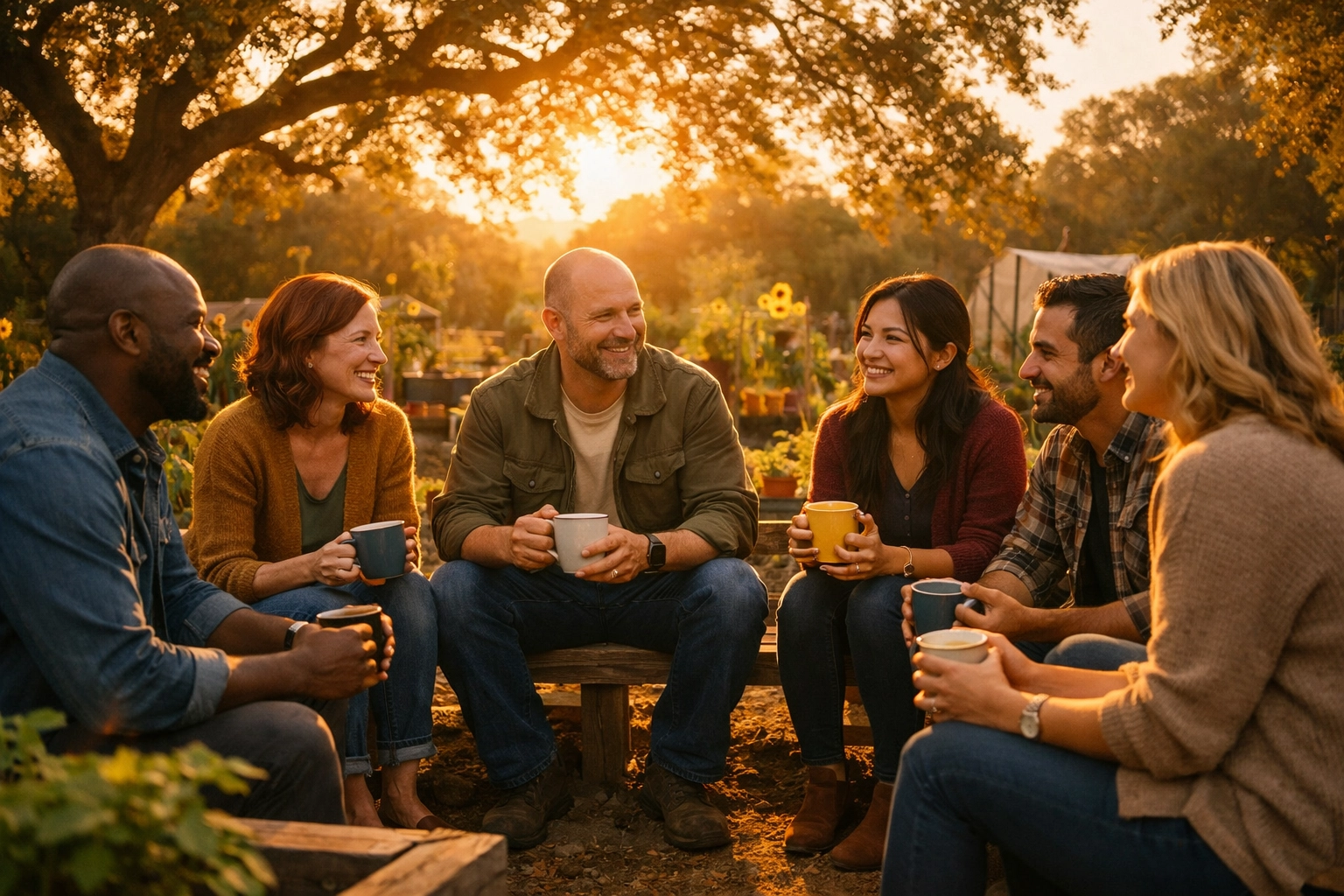 Diverse parents gathered in a garden to share support, highlighting the value of an autism community support system.