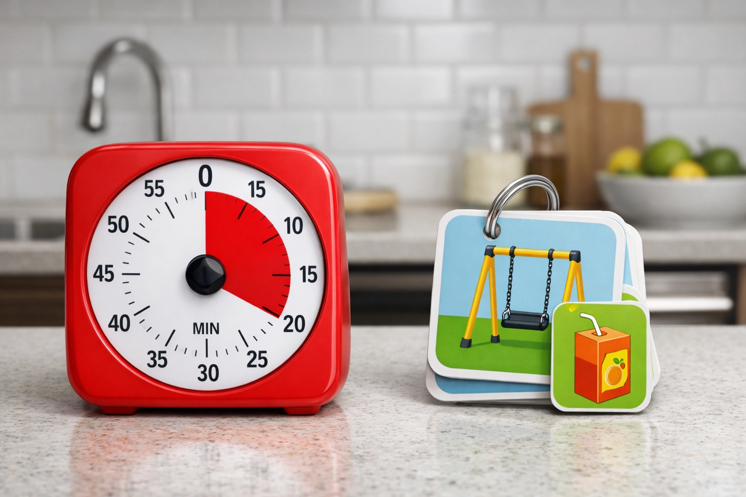 A red visual timer and colorful schedule icons on a counter to help autistic children with daily transitions.