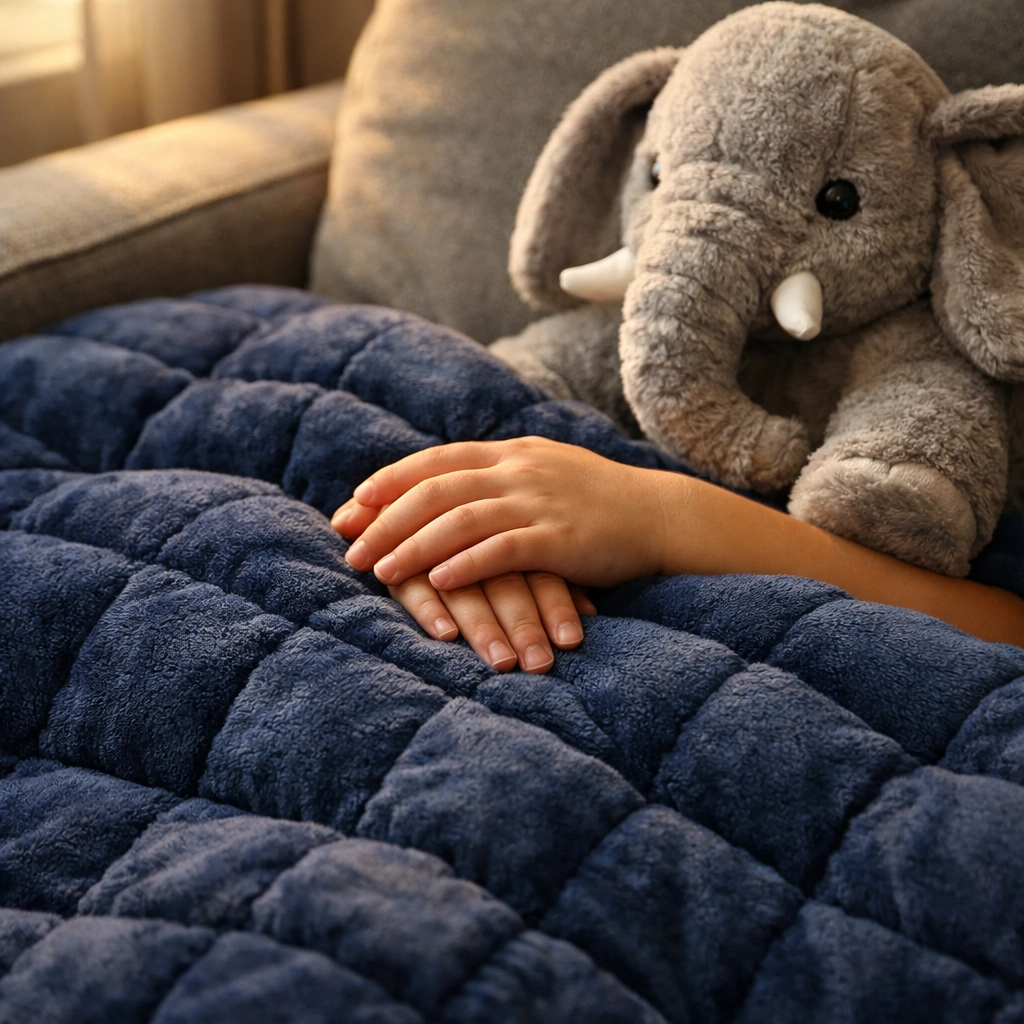 A child resting under a navy blue weighted blanket for calming deep pressure sensory input and regulation.