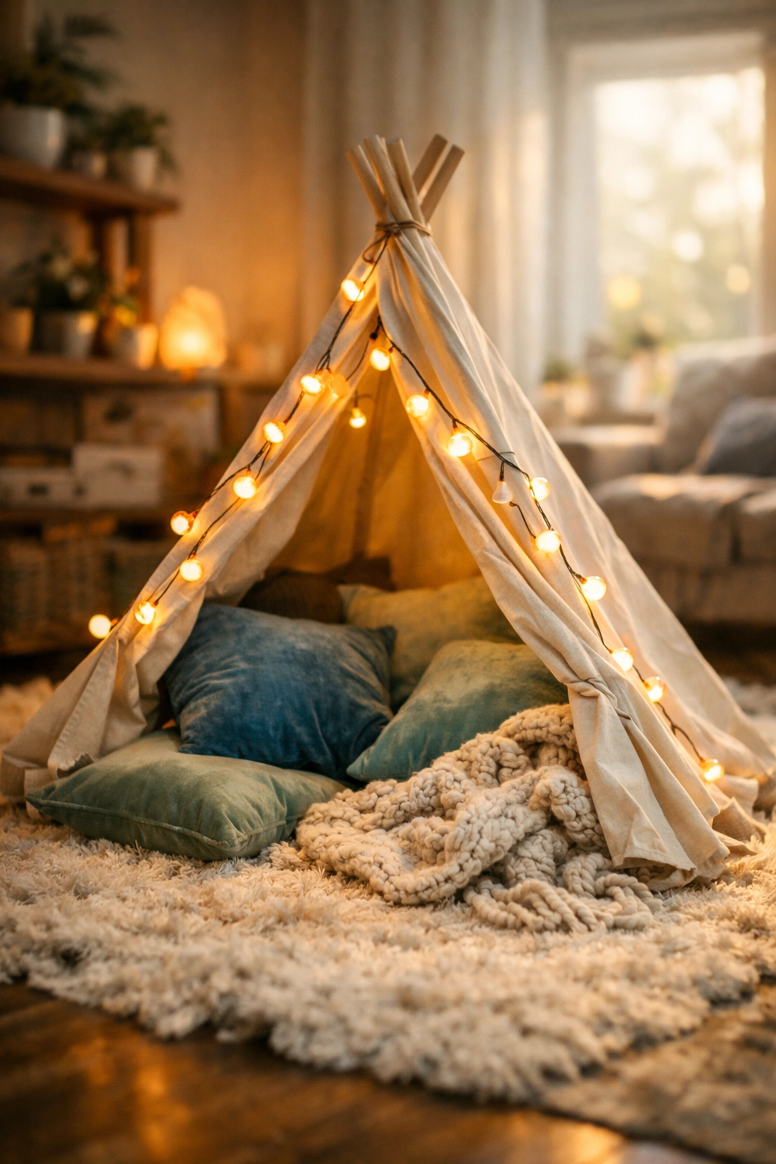 A cozy indoor sensory corner with a white teepee tent and soft pillows for an autism-friendly home safe space.