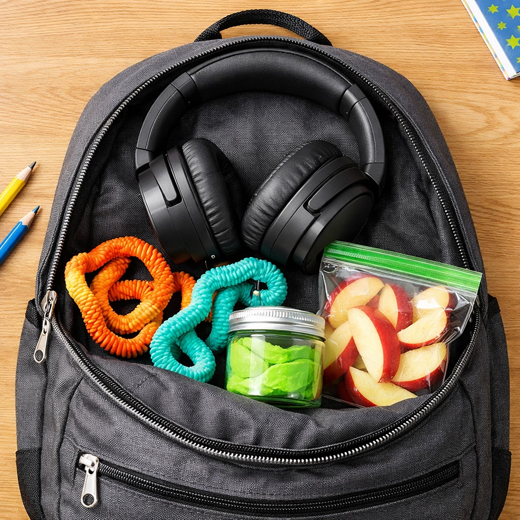 A portable sensory comfort kit for autism featuring noise-canceling headphones and colorful fidget toys in a backpack.