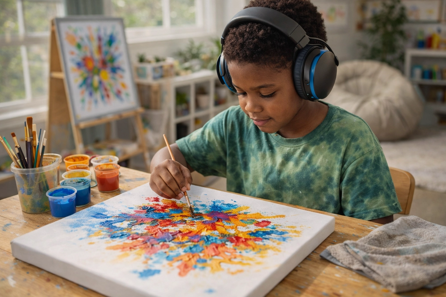 A young child with autism using bright paint to express their creative voice on a large canvas.