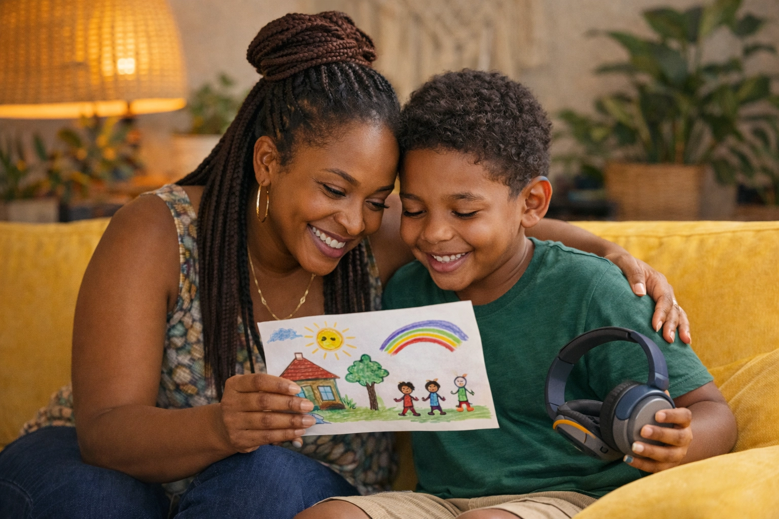 A Jamaican mother and son sharing a proud moment over his artwork, showing family autism support.