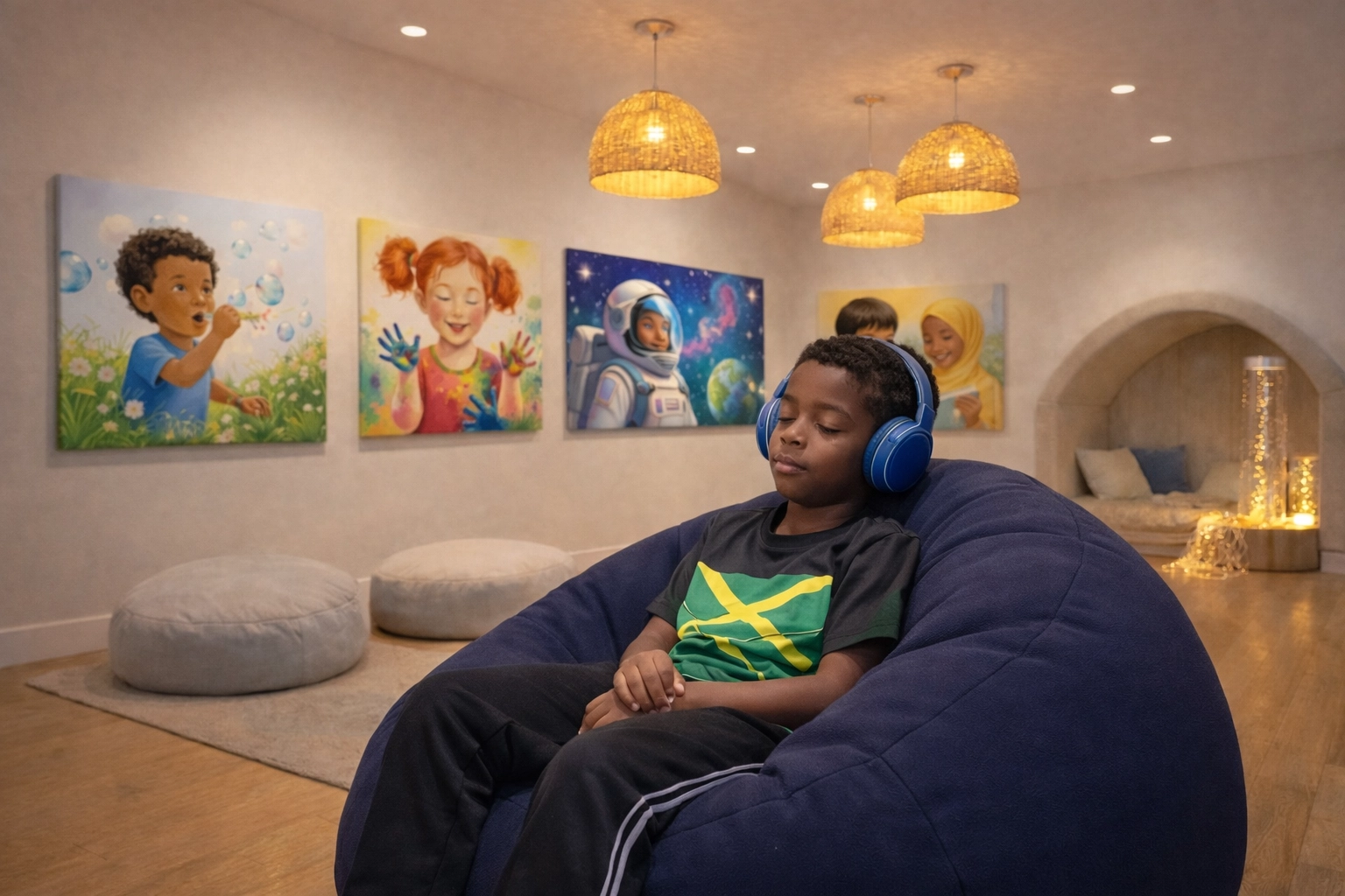 A calm, sensory-friendly art gallery with bean bags and low-hung paintings for neurodivergent visitors.