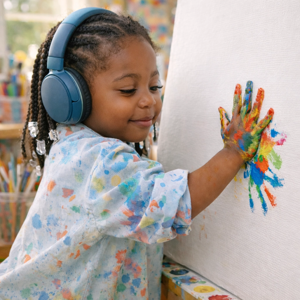 A joyful young girl with braids making a yellow handprint painting to celebrate neurodiversity and art.