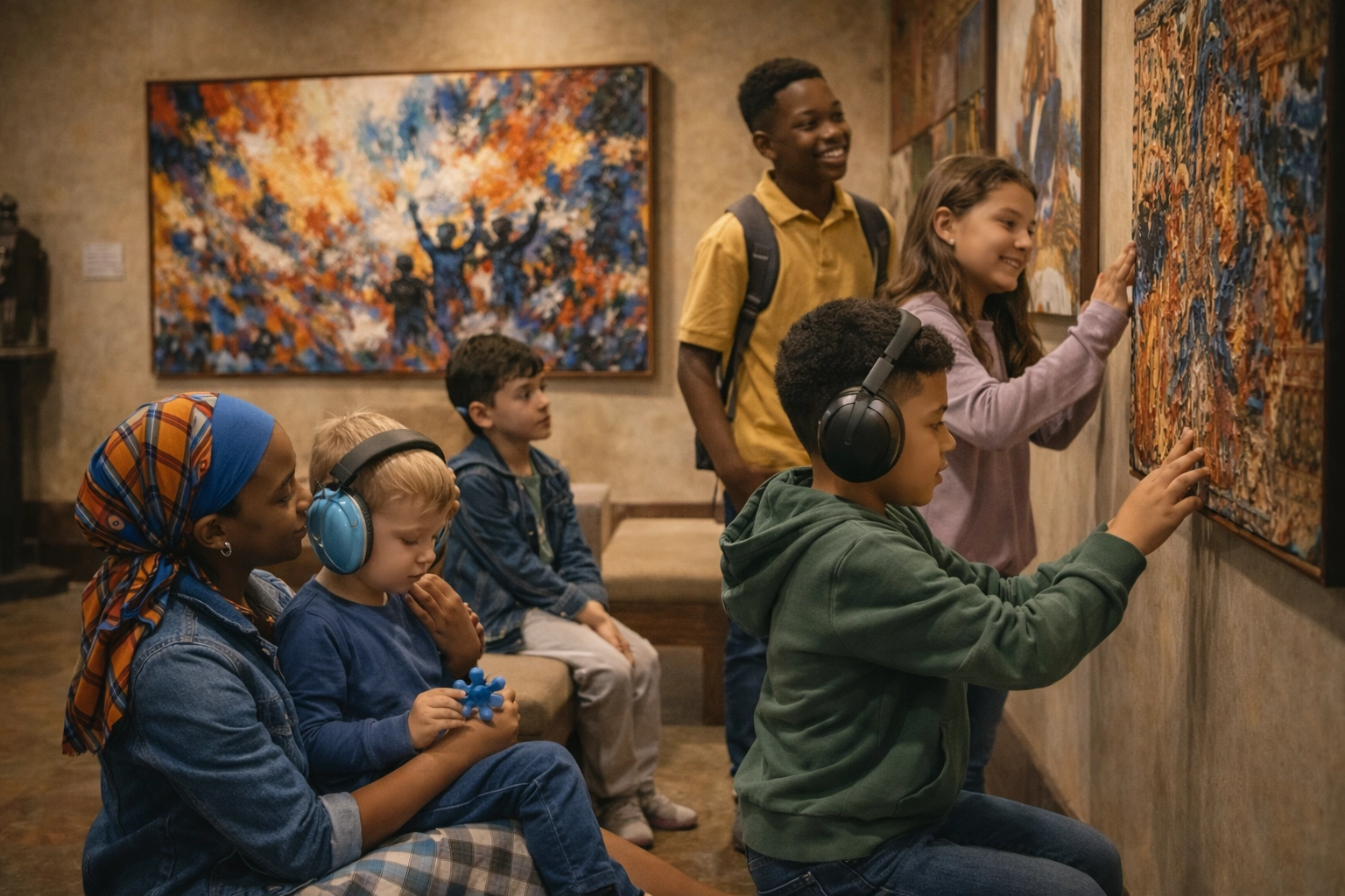 Diverse children admiring abstract art at PAHMUSA museum during the Voices of the Spectrum event.