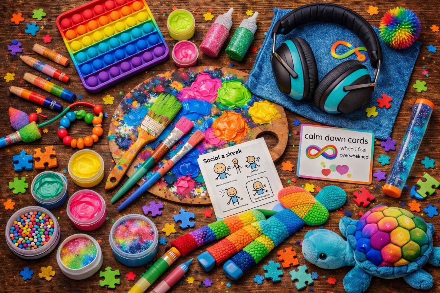 Colorful art supplies and sensory fidget toys symbolizing self-expression for non-verbal autistic children.