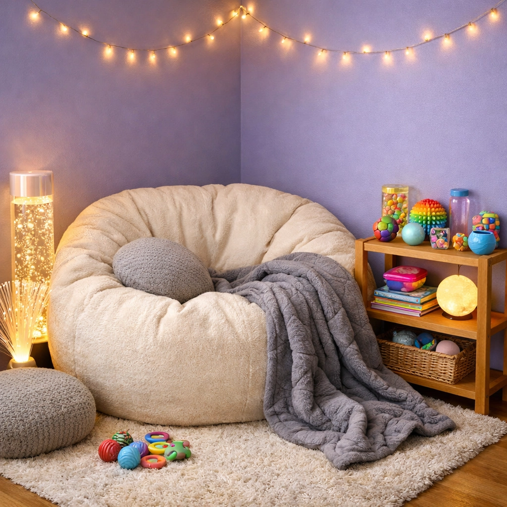 A calming indoor worry station with a beanbag and sensory tools to help kids manage anxiety at home.