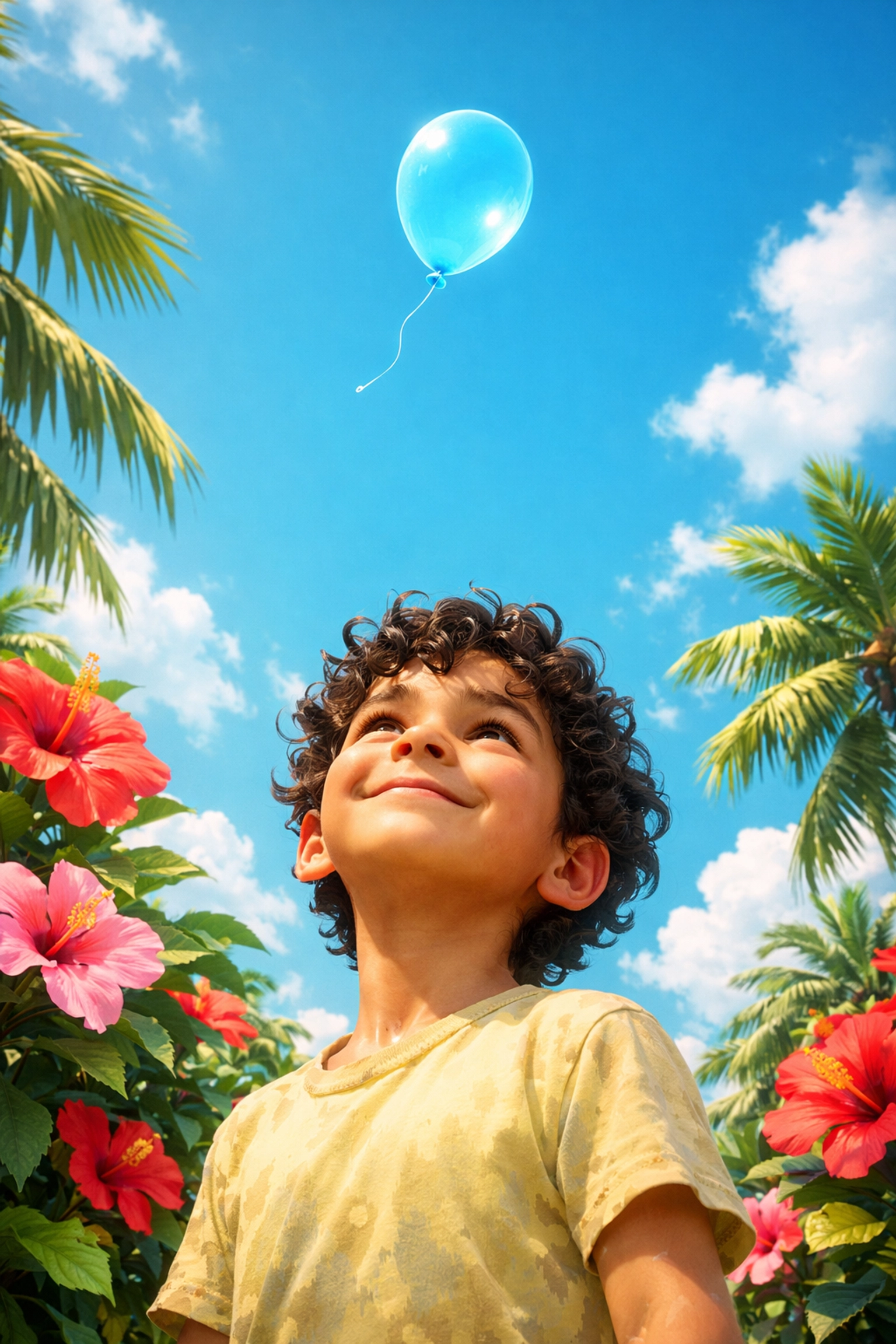 Young boy smiling as he watches a blue balloon float into the sky to symbolize releasing big worries.