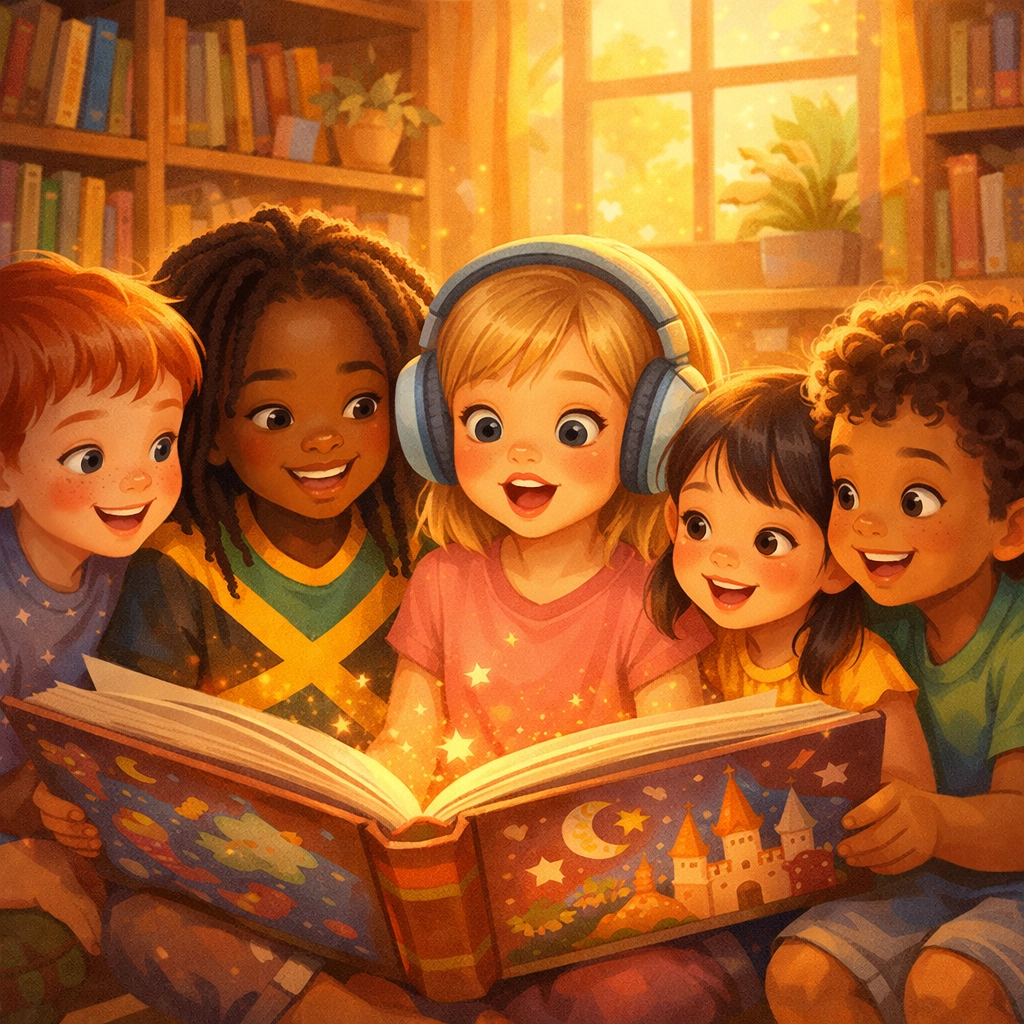 Diverse group of children including a girl with headphones reading inclusive stories in a cozy library.
