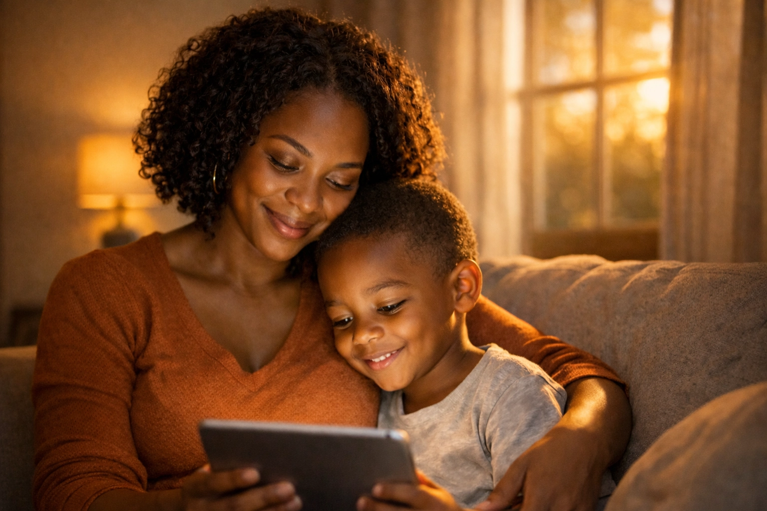 A mother and her son smiling while using an educational tablet for autism learning at home.