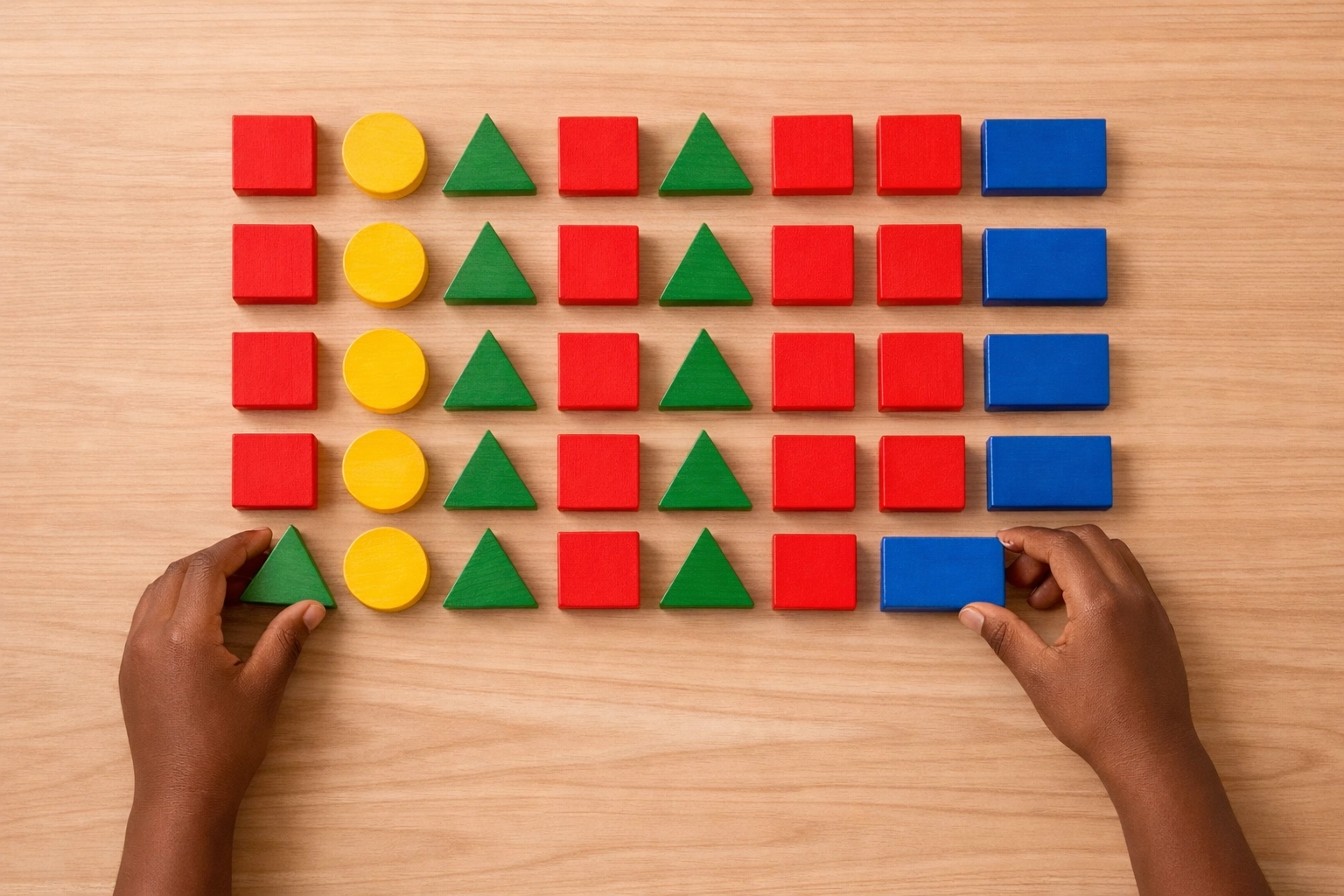 A child arranging colorful blocks to practice pattern recognition and structured autism learning.