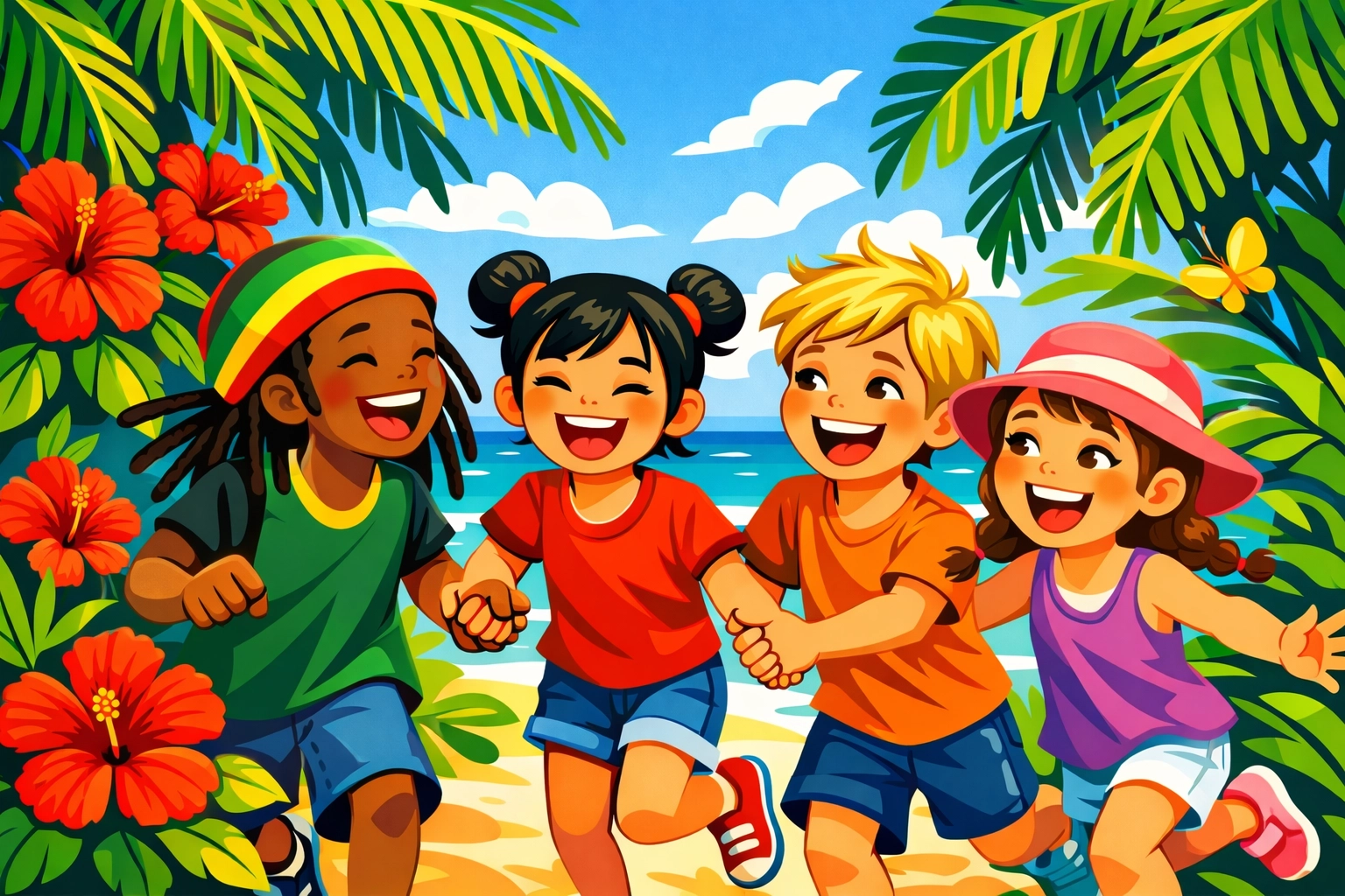 A diverse group of neurodivergent children playing together in a tropical, inclusive environment.