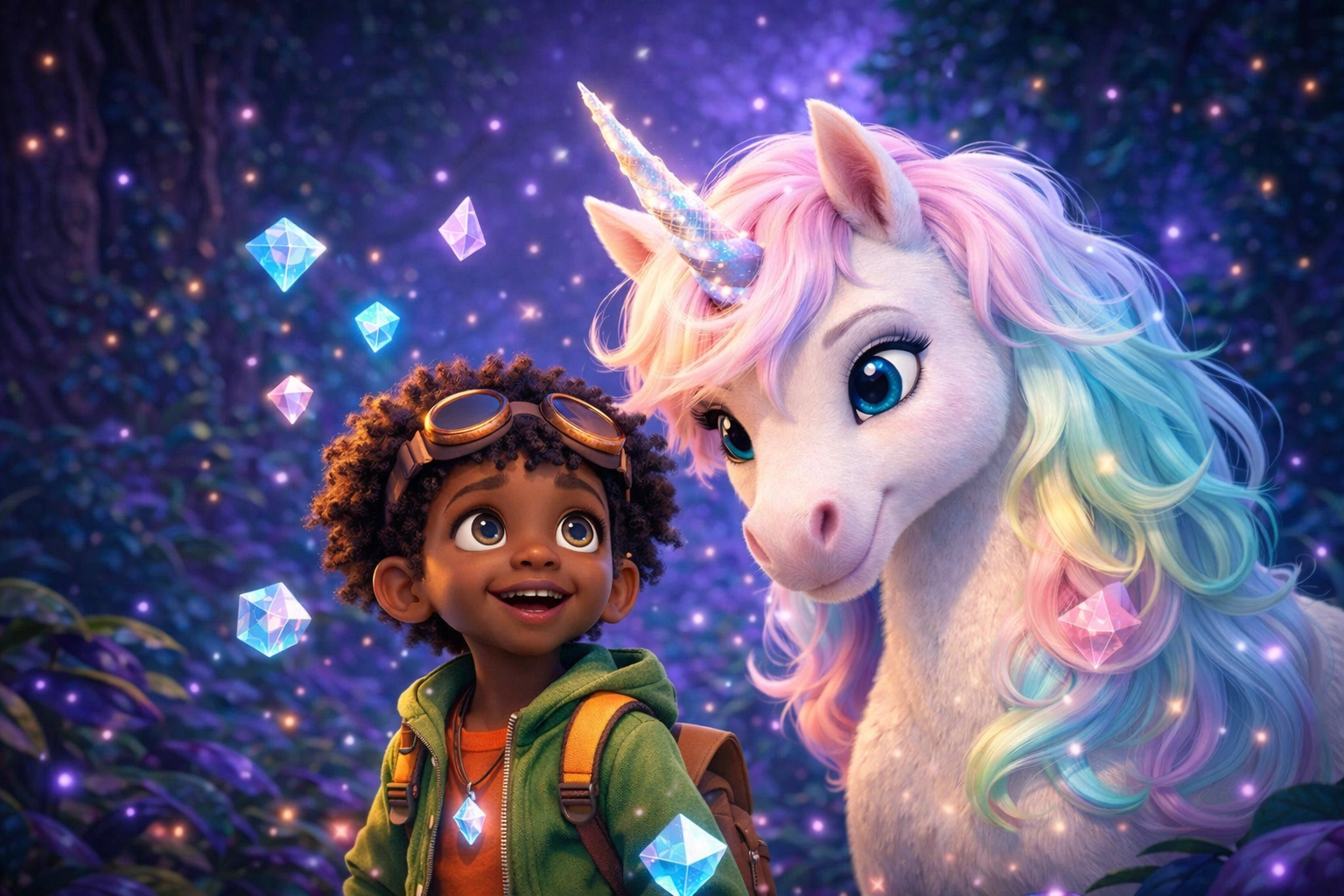 Marcus and his unicorn friend exploring a magical forest in an educational series for autistic kids.