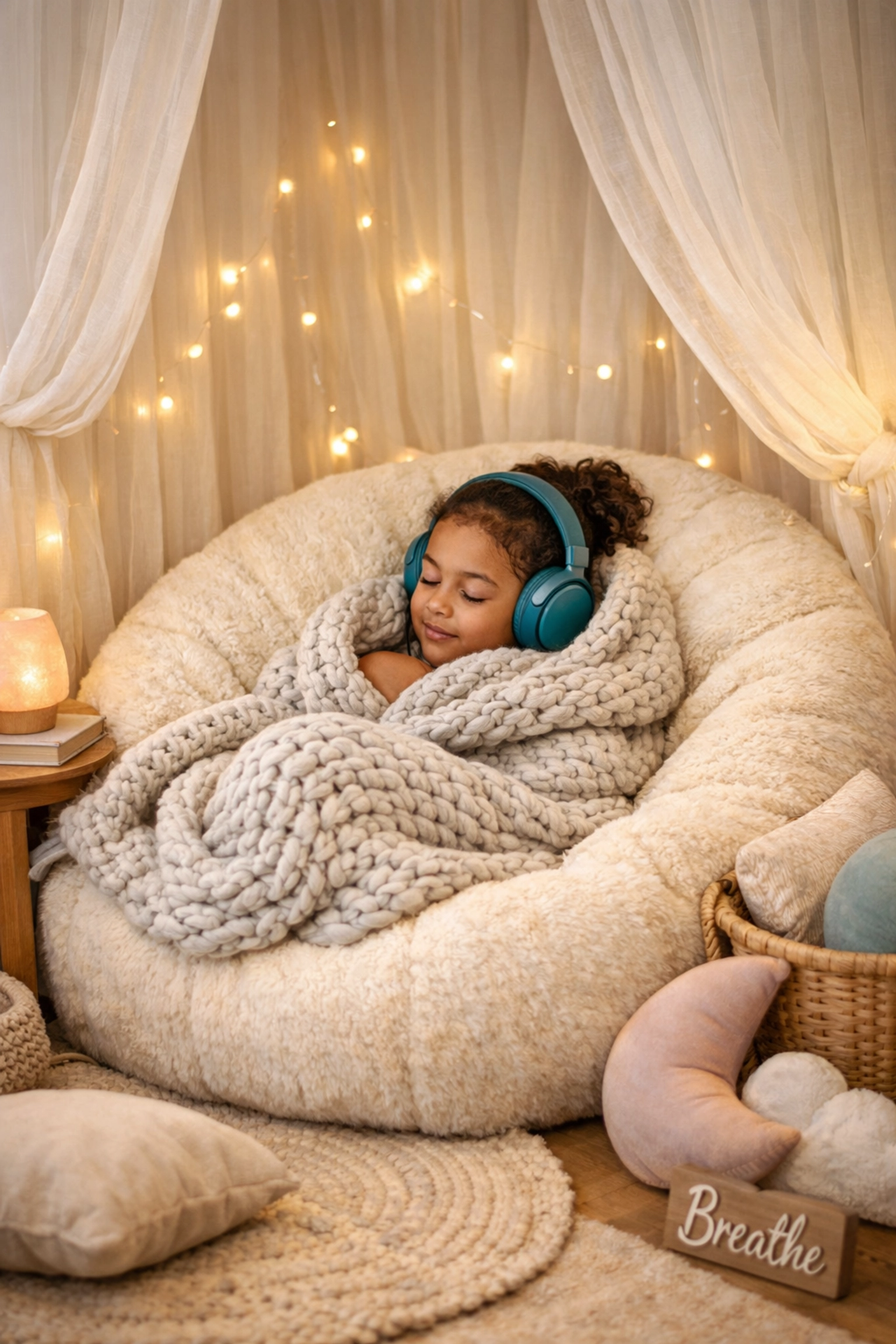 Young girl in a calm-down corner with headphones, showing helpful autism sensory strategies for daily life.