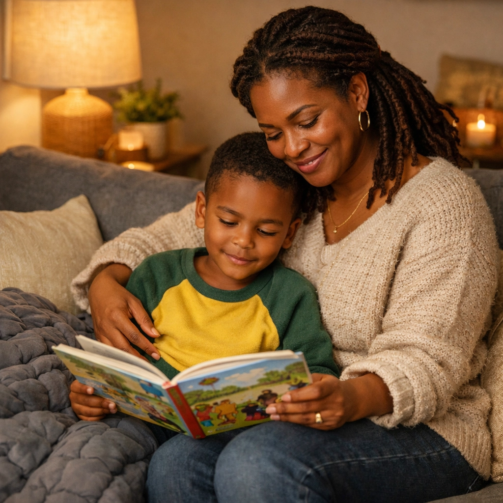 A mother and son reading a children's book together in a sensory-friendly living room environment.