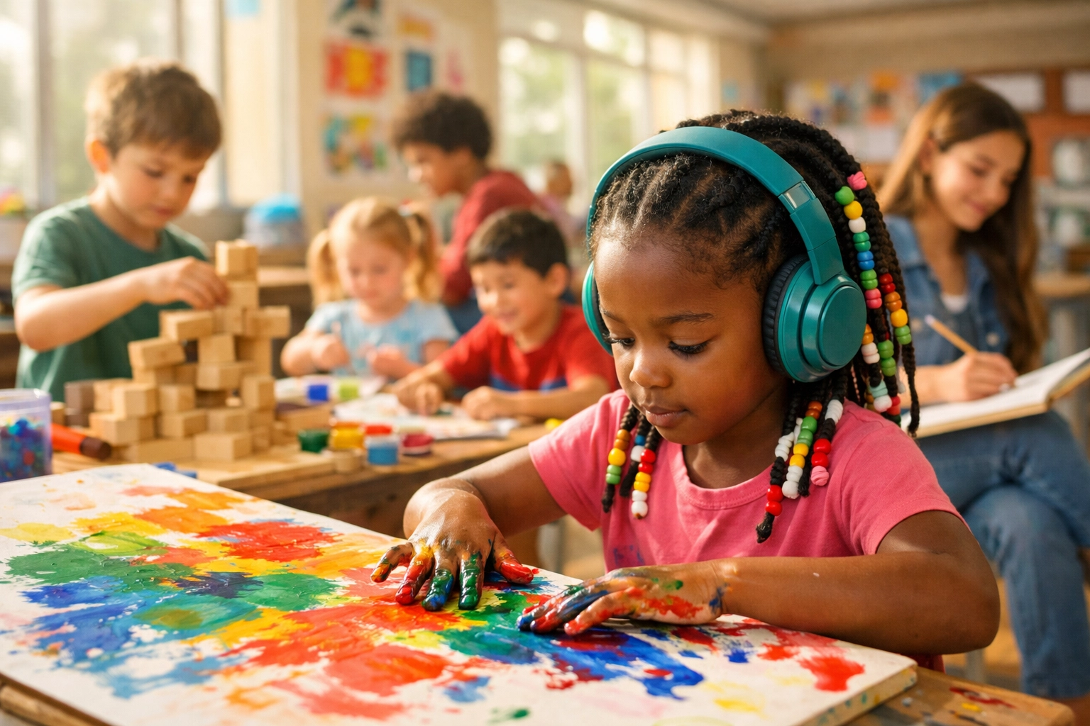 Diverse autistic children and teens wearing sensory headphones creating art for the showcase.