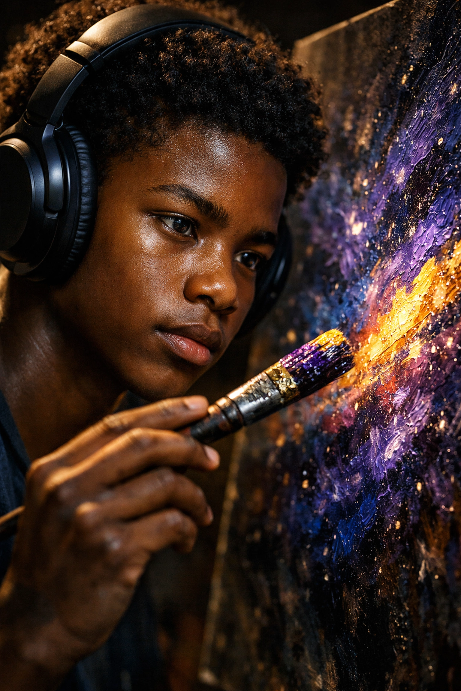 Autistic teenager wearing noise-canceling headphones painting a colorful canvas as self-expression.