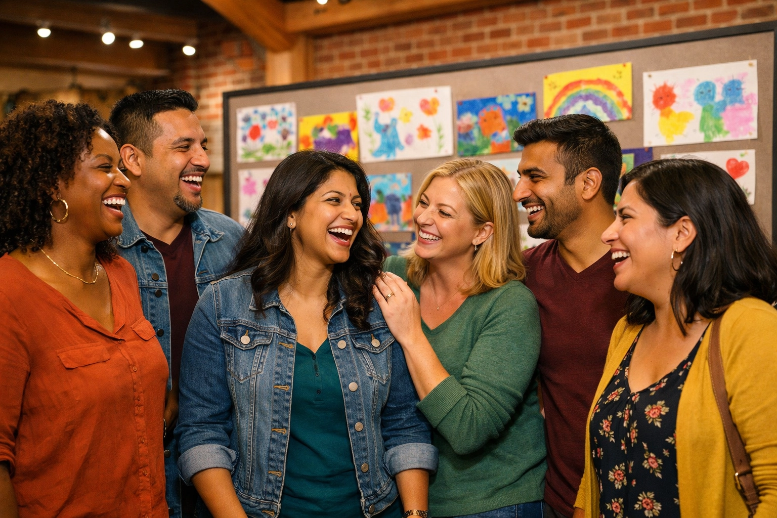 A diverse group of parents and caregivers gathering at an inclusive community art gallery event.