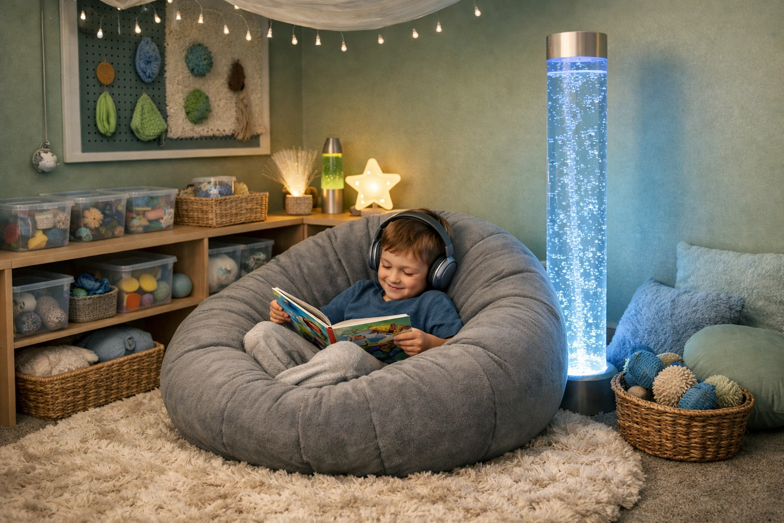 A child in a sensory-friendly nook with headphones, illustrating practical home support and autism resources.
