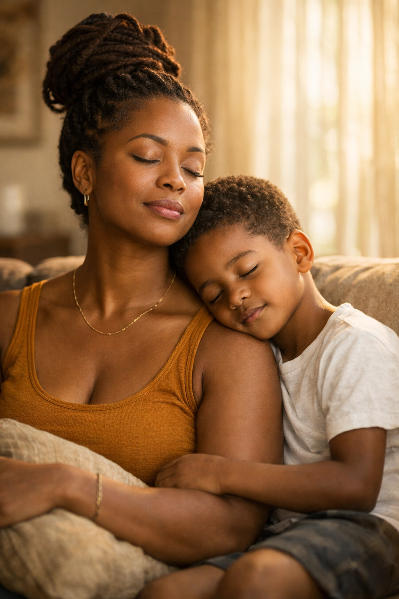 A Black mother and son sitting together, illustrating the importance of breathing and processing a new autism diagnosis.