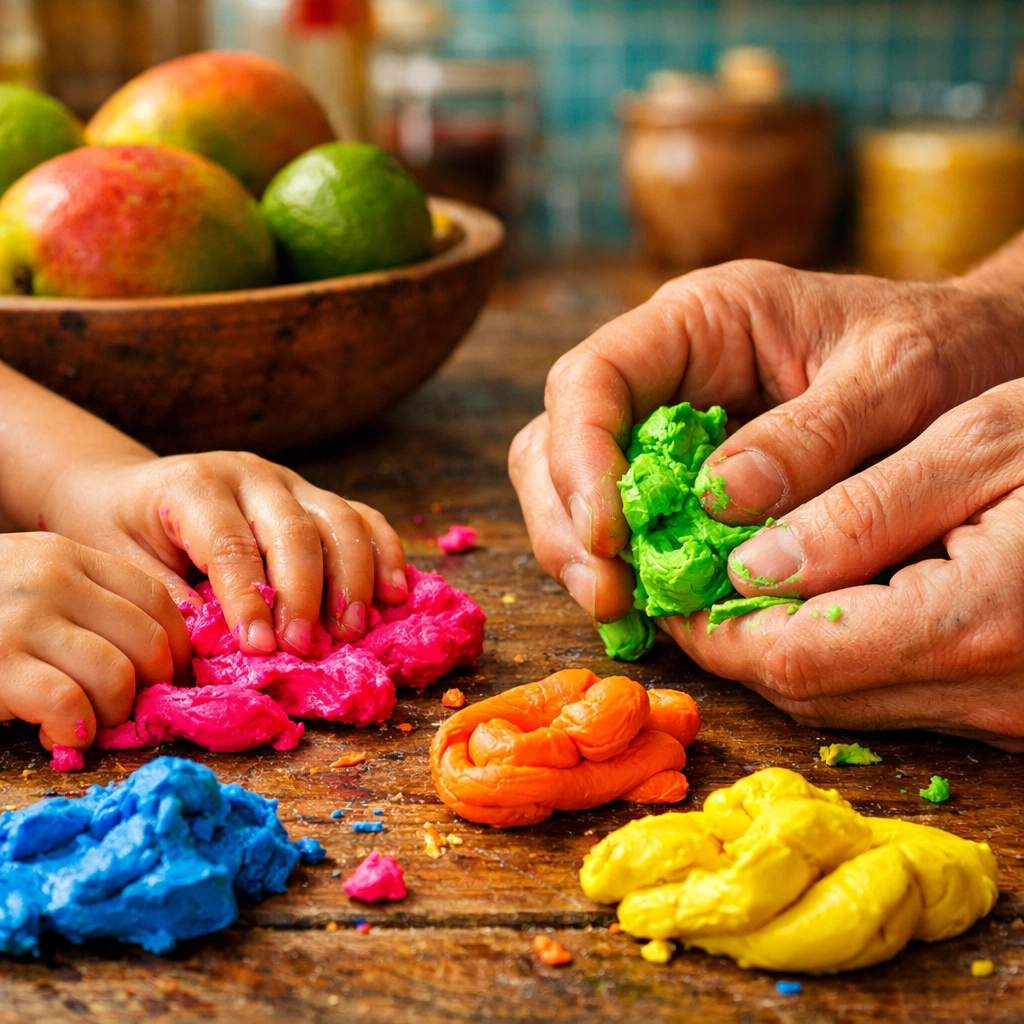 Adult and child hands using colorful modeling clay for tactile sensory play and communication.