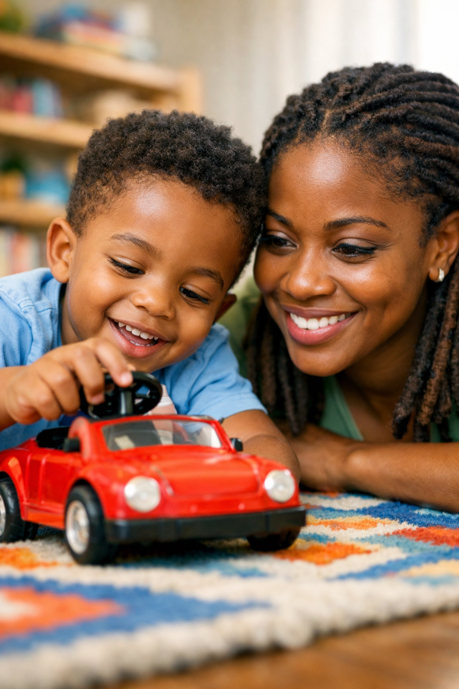 A mother and son engaging in floor play with a toy car to encourage natural communication.