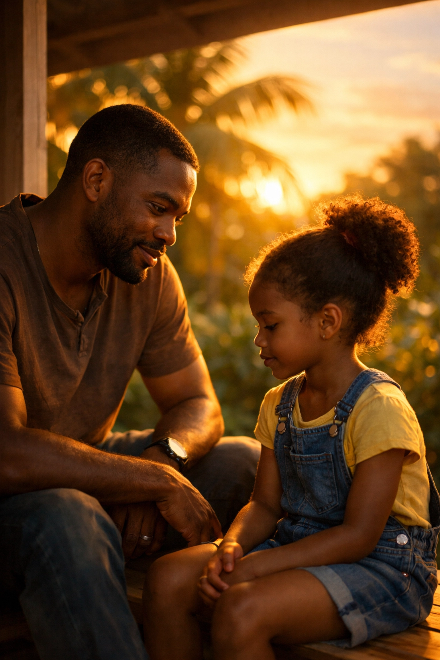 A patient father waiting for his daughter to communicate in a calm, supportive outdoor setting.