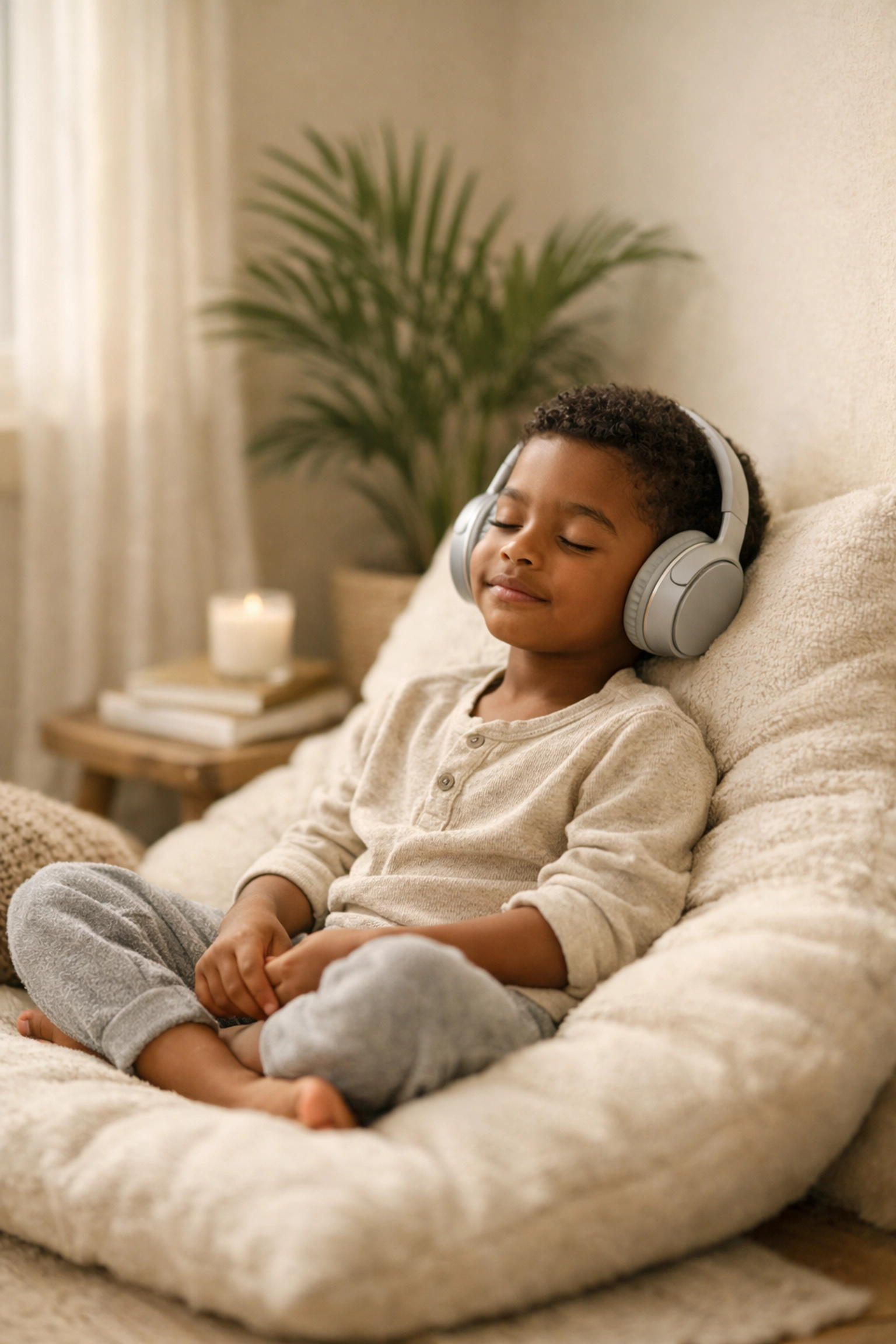 A young boy wearing noise-canceling headphones in a quiet, sensory-friendly home environment.