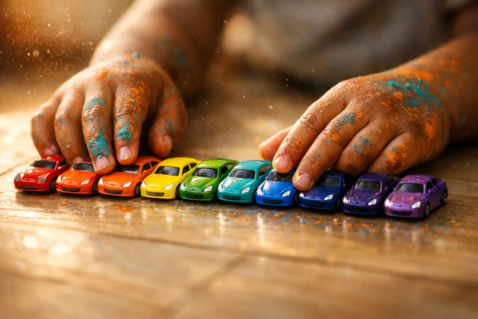 Autistic child with paint on hands creating art with toy cars, looking beyond labels.