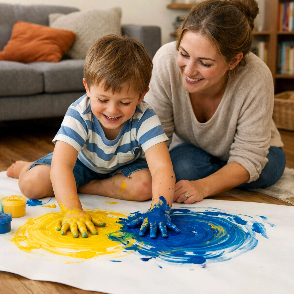 Mother and son finger painting together, using art as a voice and sensory activity at home.