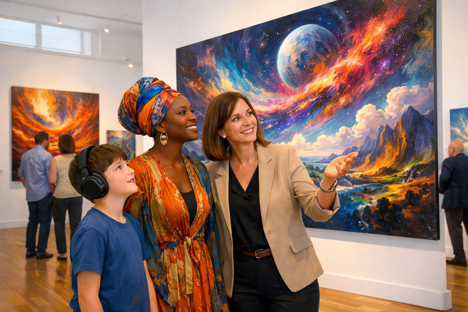 Community members visiting a colorful art gallery event celebrating autism and imagination.