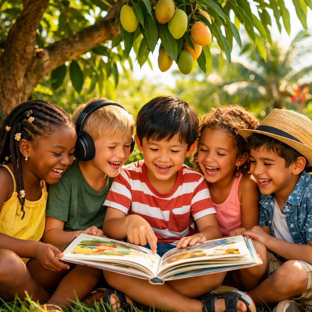Diverse children reading together in a tropical garden, representing inclusion in the global autism community.