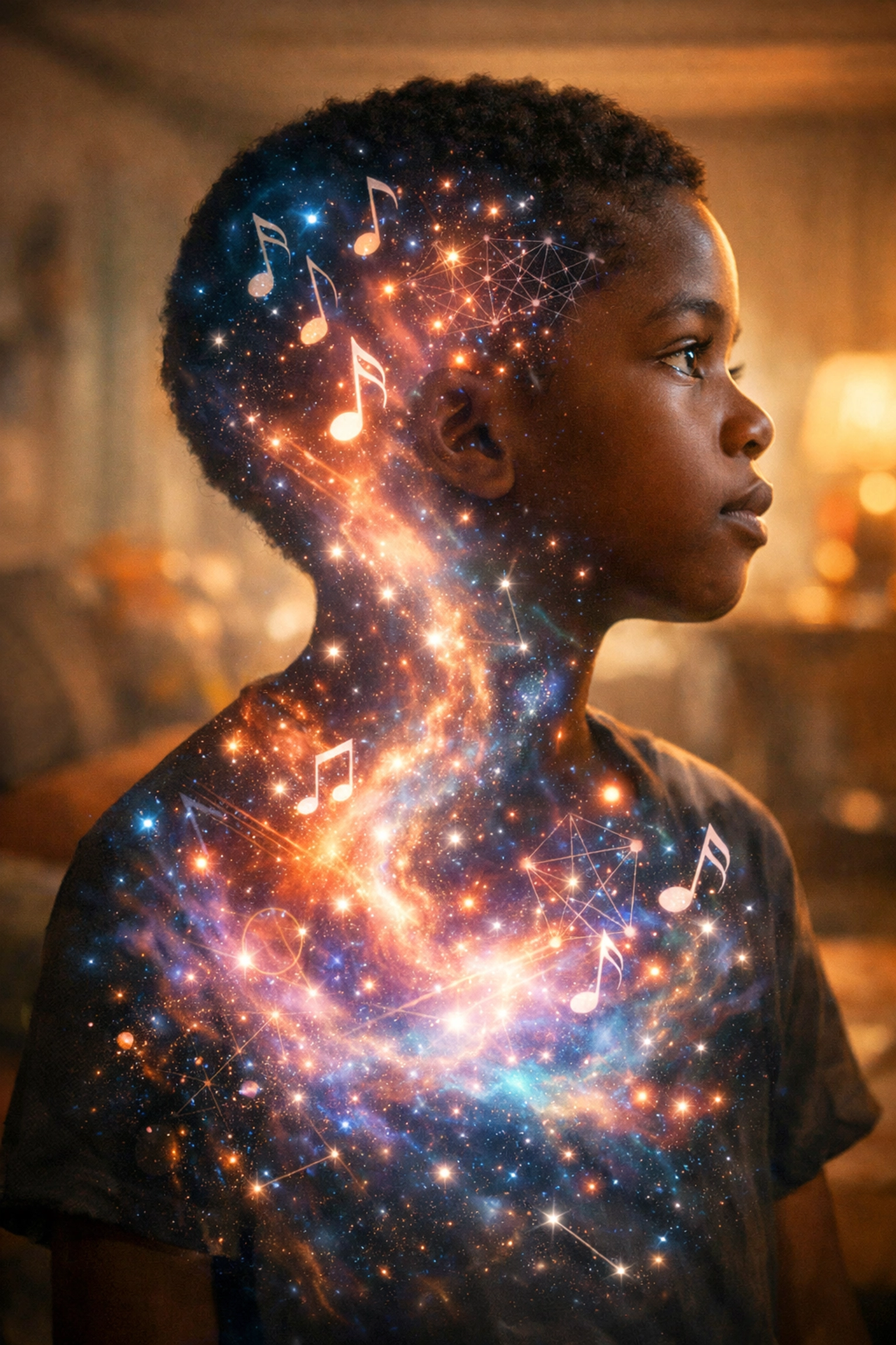 A boy with a glowing nebula inside his silhouette representing the invisible internal world of autism.