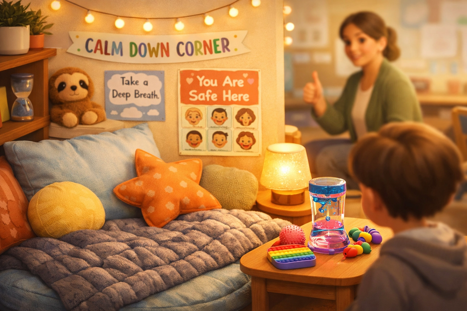 A classroom calm-down corner with sensory toys and pillows to support students with invisible differences.