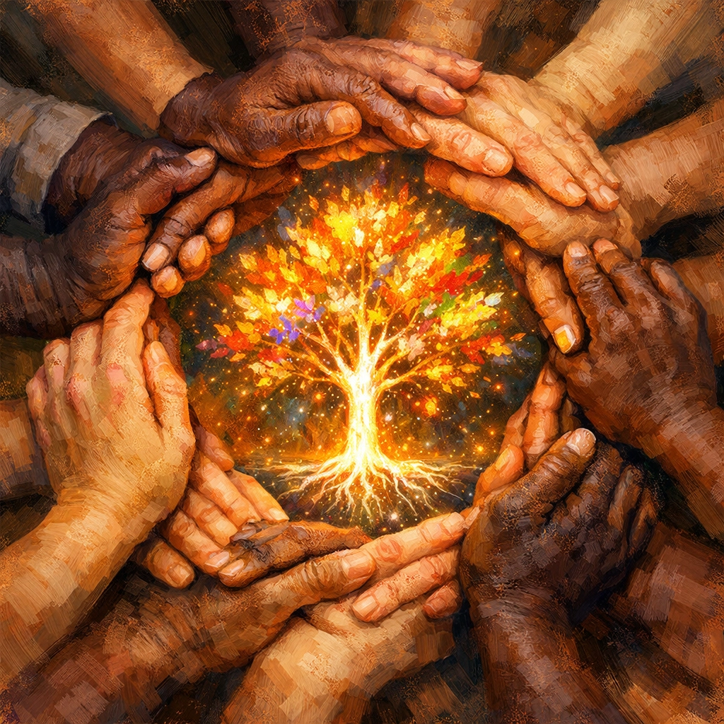 Diverse hands joined in a circle around a glowing tree, symbolizing unity and growth in autism advocacy.