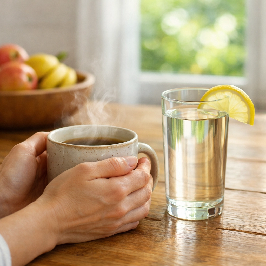 A warm mug and glass of lemon water on a kitchen table, focusing on basic nutrition as parent support for autism.