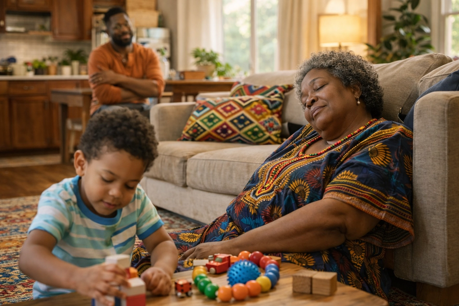 A multi-generational family in a warm home, with a grandmother taking a brief rest while a child plays nearby and another caregiver moves through the space.