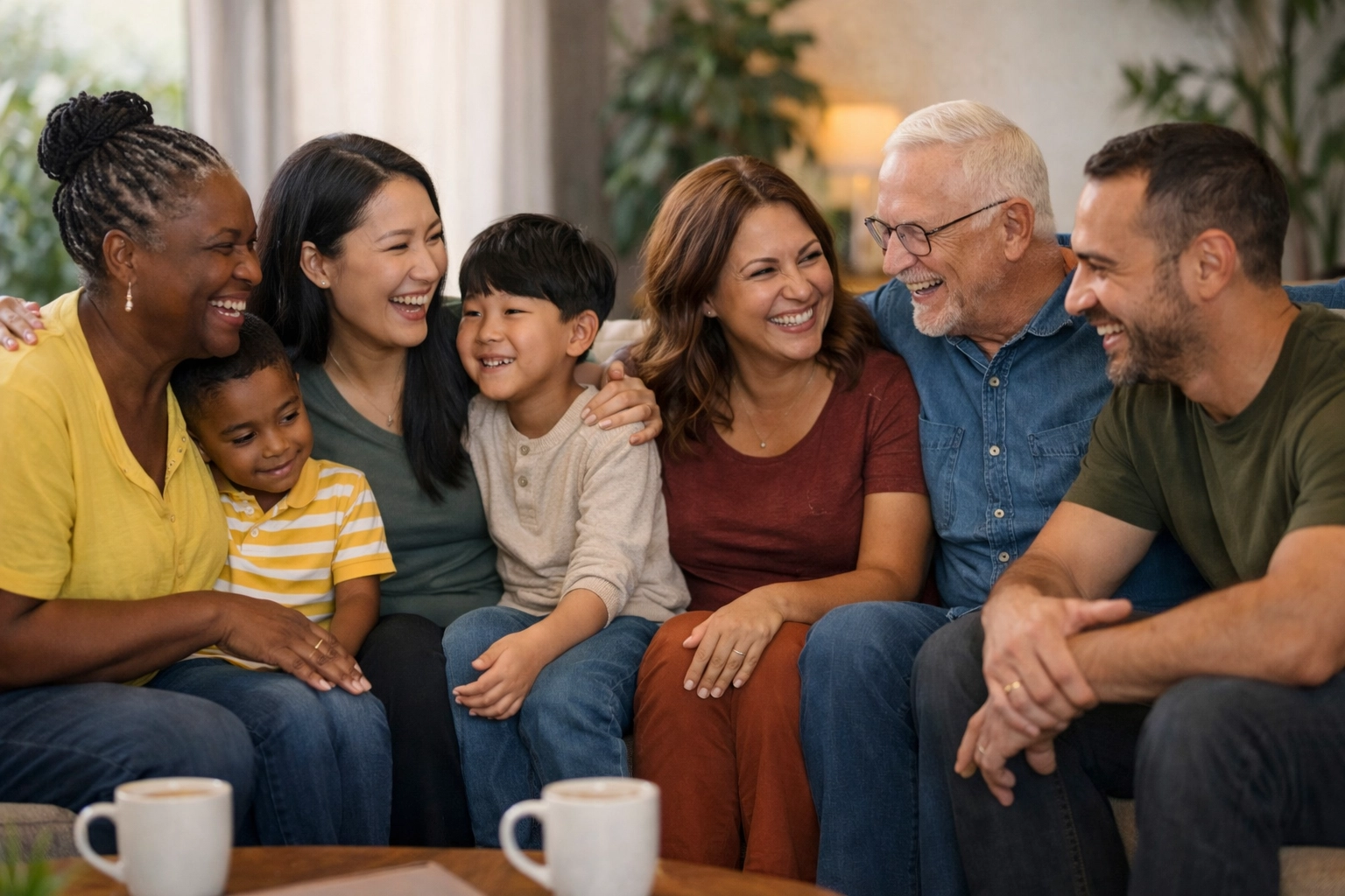 A diverse autism caregiver support group including a single parent, a foster parent, and a grandparent caregiver from different ethnic backgrounds.