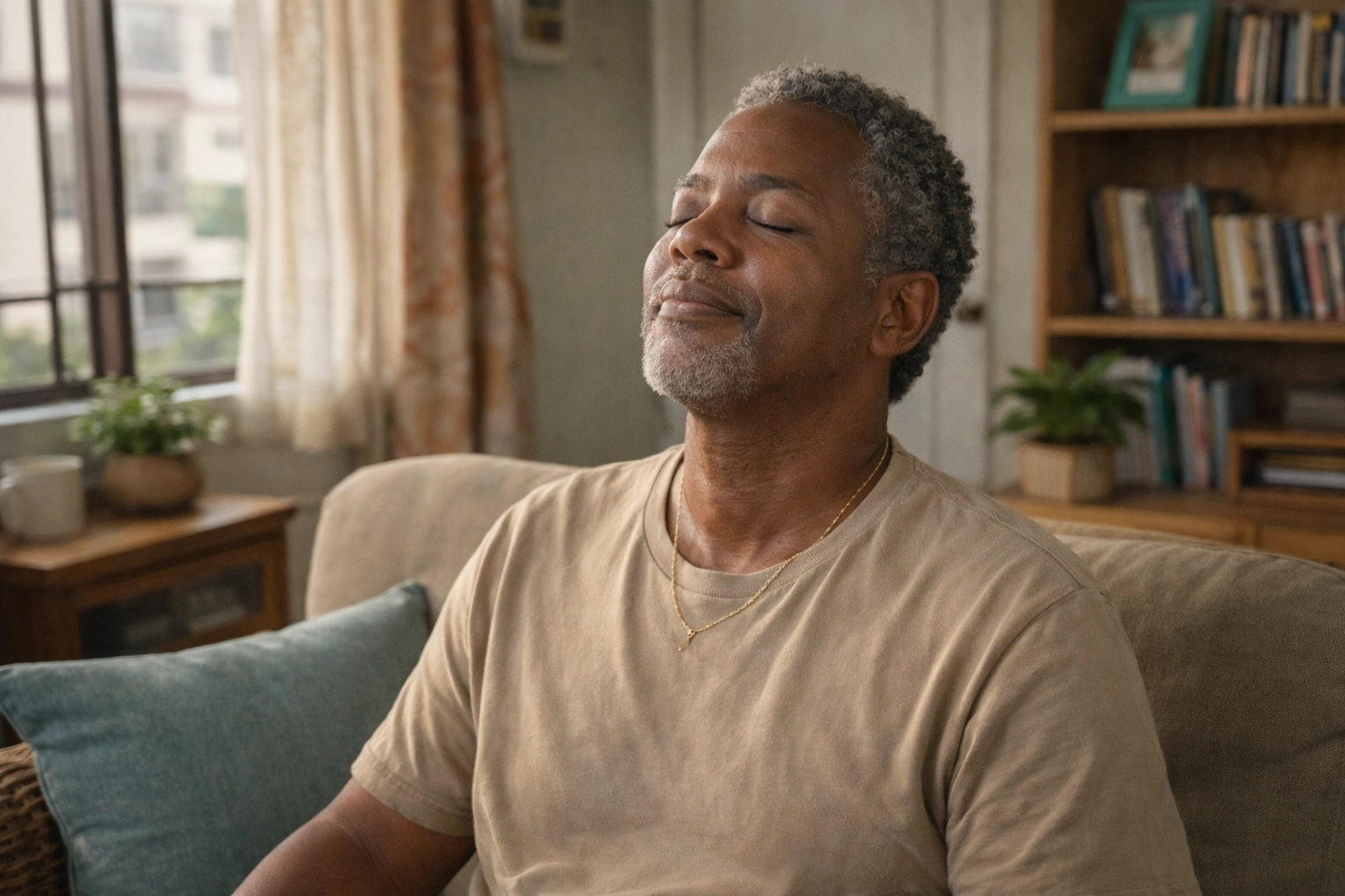 A diverse caregiver takes a deep breath in a calm home setting, practicing a 5-minute parent reset.