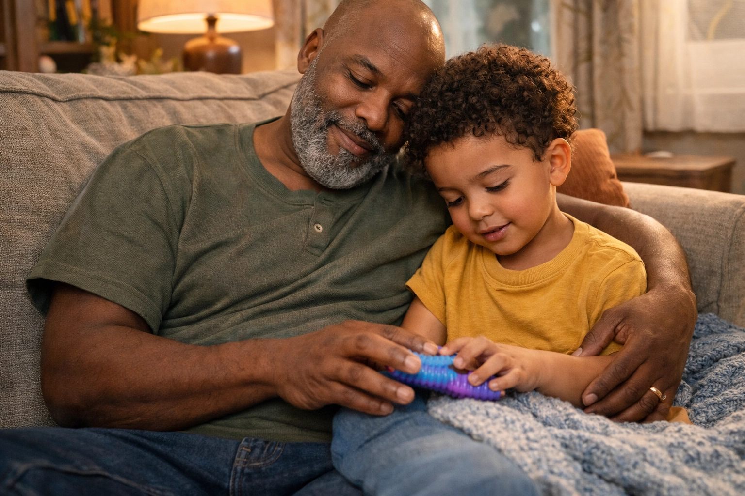 A diverse caregiver and child enjoy a calm moment with a sensory toy in a cozy home setting.