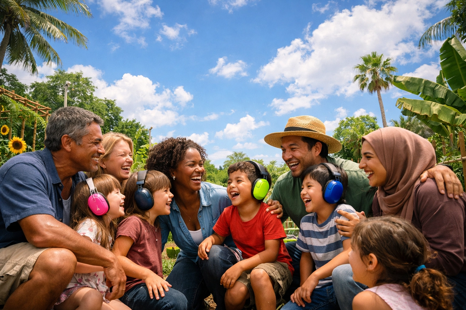 Diverse families gather in a garden to celebrate neurodiversity and community support for autism.