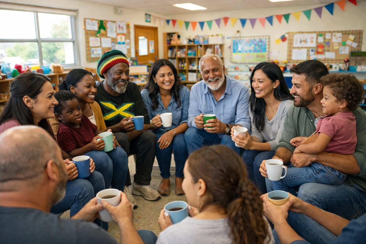 A diverse group of caregivers from different racial, cultural, and family backgrounds share stories in a support group.