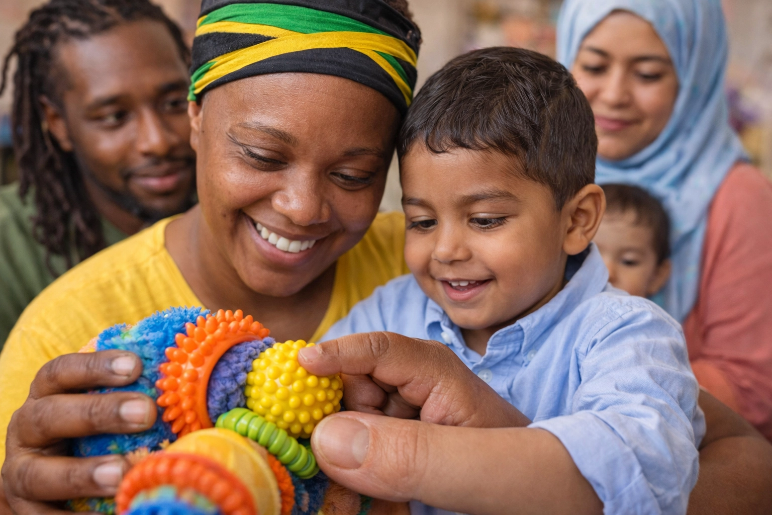 A caregiver and child from a diverse family share a warm moment with a sensory toy, celebrating a small win in autism care.