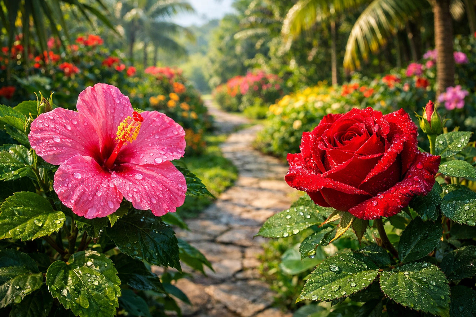 Tropical hibiscus and roses blooming together, symbolizing the unique growth paths in autism awareness for families.
