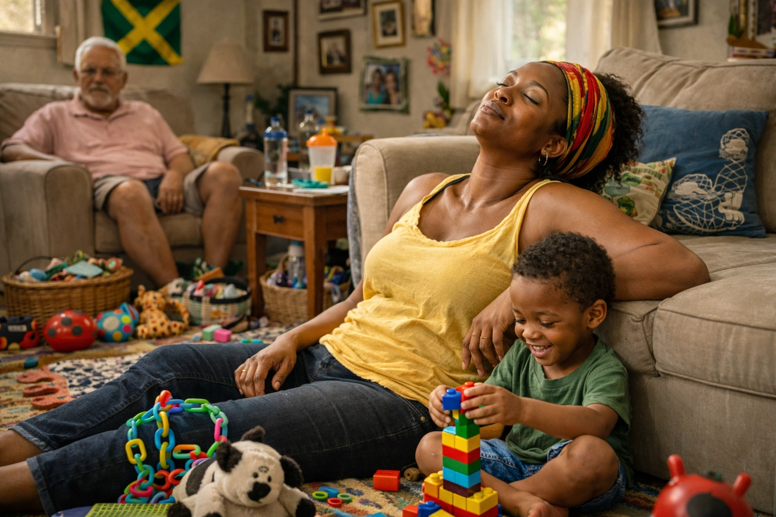 A realistic, diverse family home scene shows a Black Jamaican mother caring for her child in a lived-in living room, reflecting the everyday beauty of autism parenting.