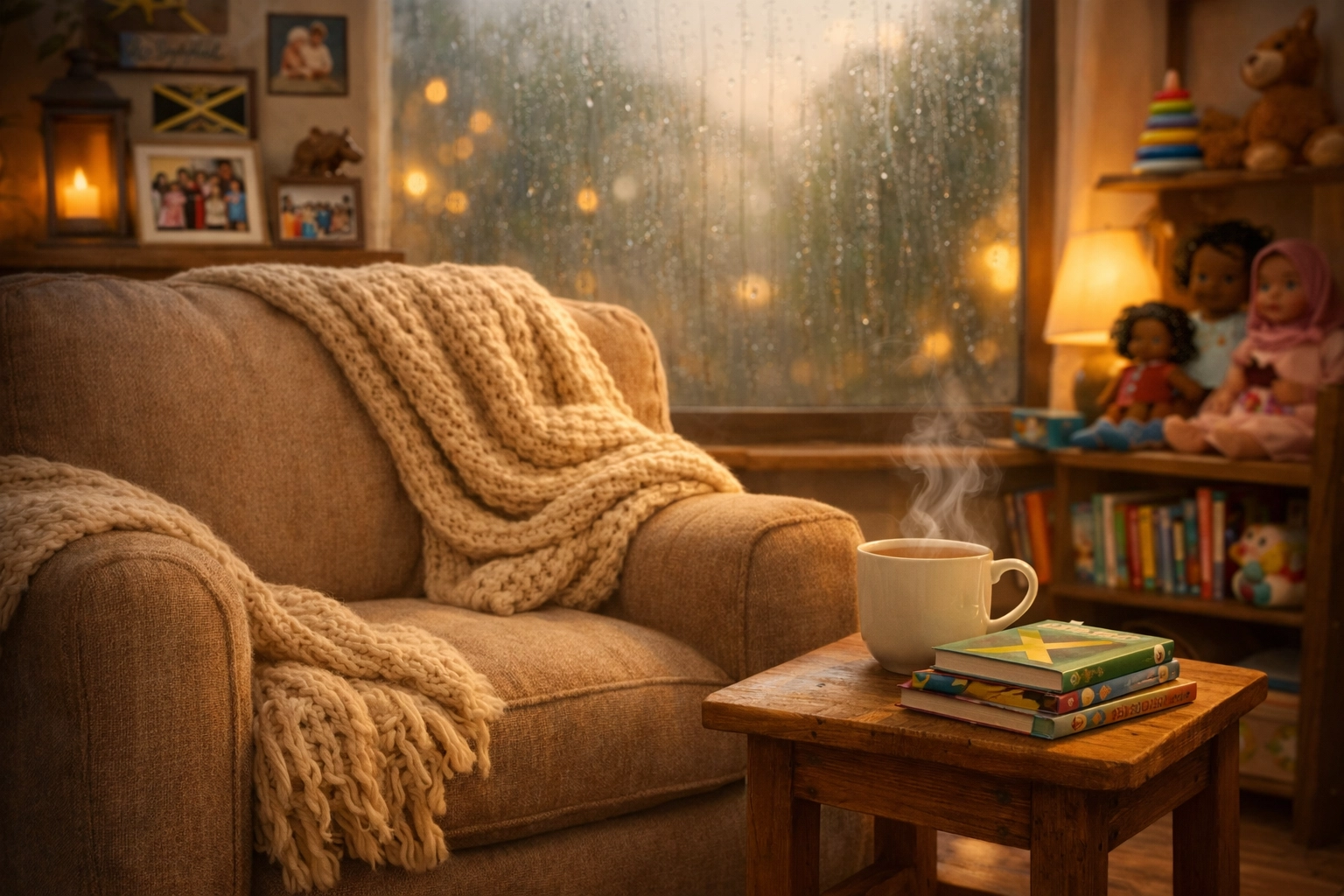 A cozy home corner with books and subtle signs of a multicultural family life represents a calm moment in the autism journey.