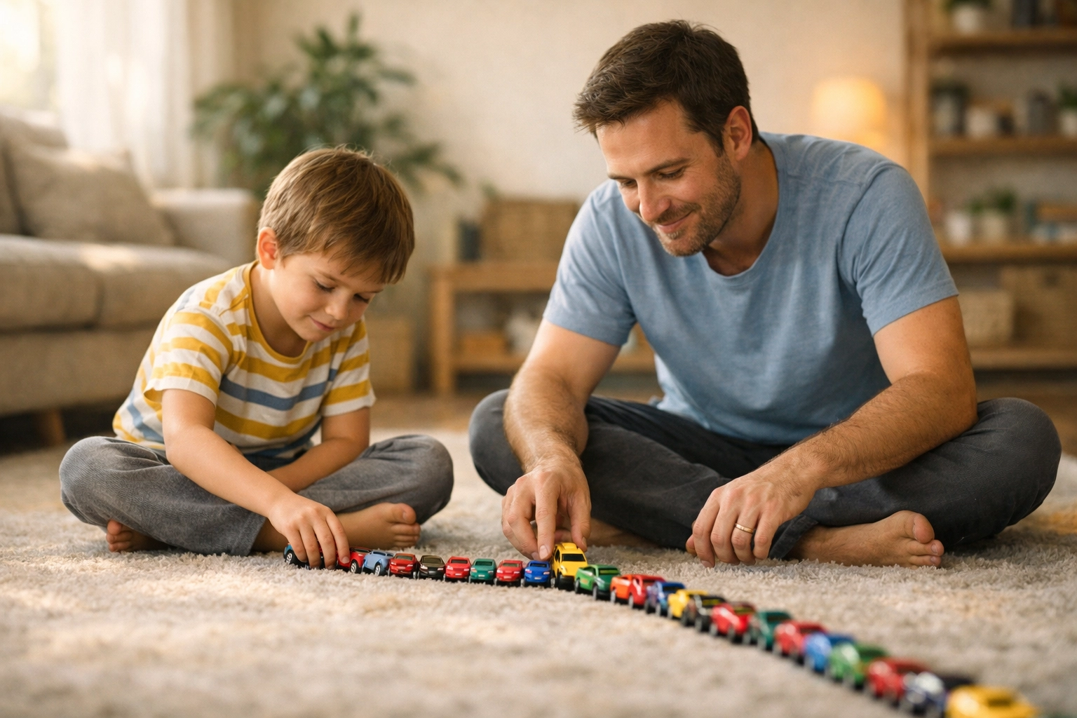 Father joining his autistic son on the floor to line up toy cars as a way to connect.